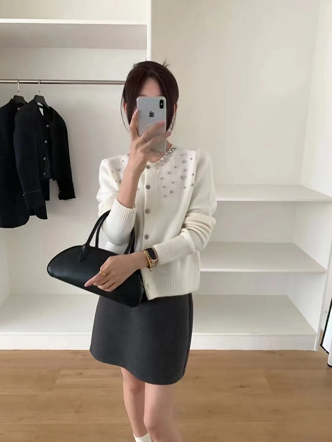 Charming Diamond Inlaid Knitted Cardigan 2024 New Autumn/Winter Women\'s Round Neck Long Sleeve Sweater Fashion Elegant Jacket