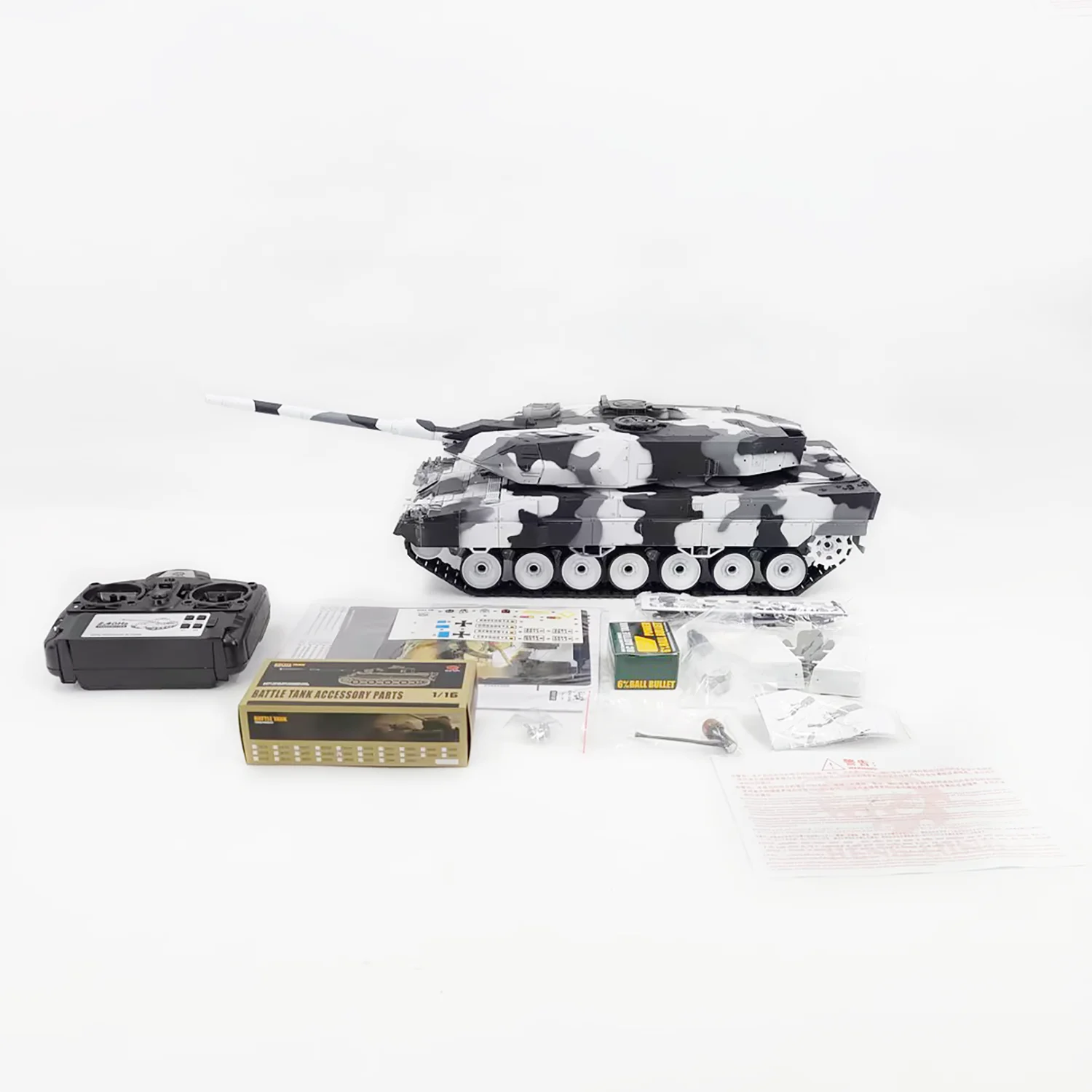 Czołg RC 1:16 7.0 Leopard 2A6 Heng Long 3889 Elektryczny z Metalową Skrzynią Biegów, Zawieszeniem, Barami, Funkcją BB, IR, Efektem Odrzutu Broni, Dźwiękiem i Światłem