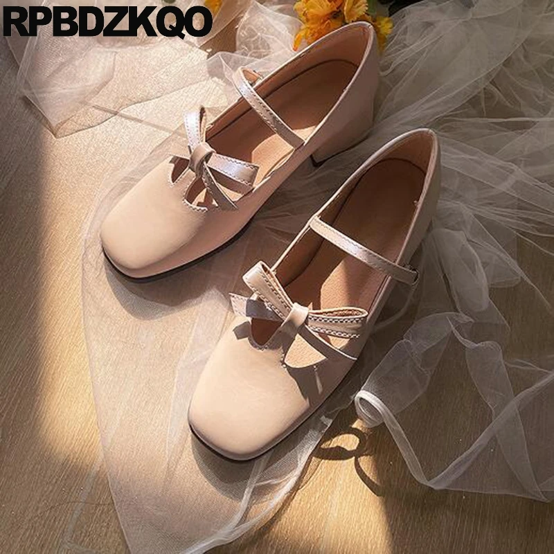 Bowknot Bow Knot Block Cute Strap Mary Jane Sweet Japanese Shoes 34 Square Toe Vintage Kawaii School Low Heel Bowtie Women Chic