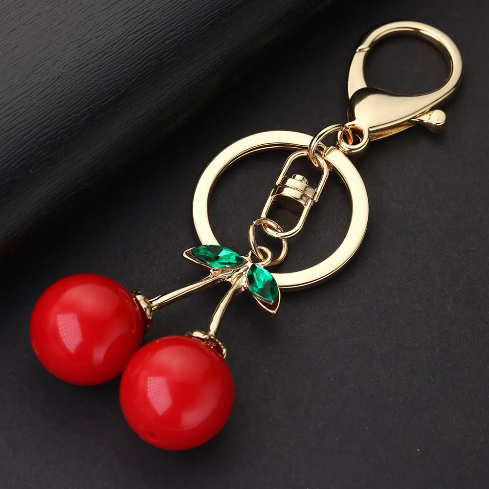 Red Cherry Keychain Keyring Crystal Rhinestone Cute Fruit Female Bag Pendant Accessories Key Chain Ring Holder Jewelry K401