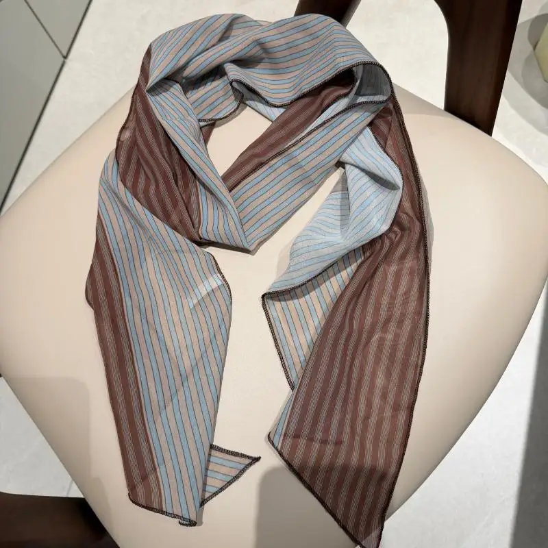 

Women Vintage Striped Silk Scarf Elegant Double Sided Print Neck Scarf Lightweight Breathable Hair Bandana For Daily Office Wear