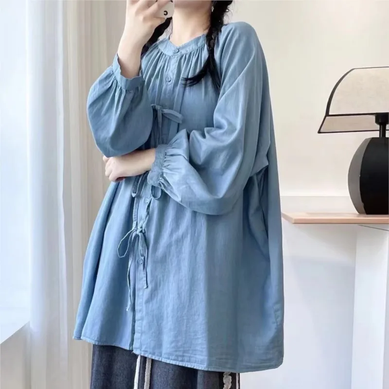 Johnature Japanese Forest Bow Tie Cotton Midi Shirt Women 2024 Spring Autumn New Casual Loose Balloon Sleeve Tops