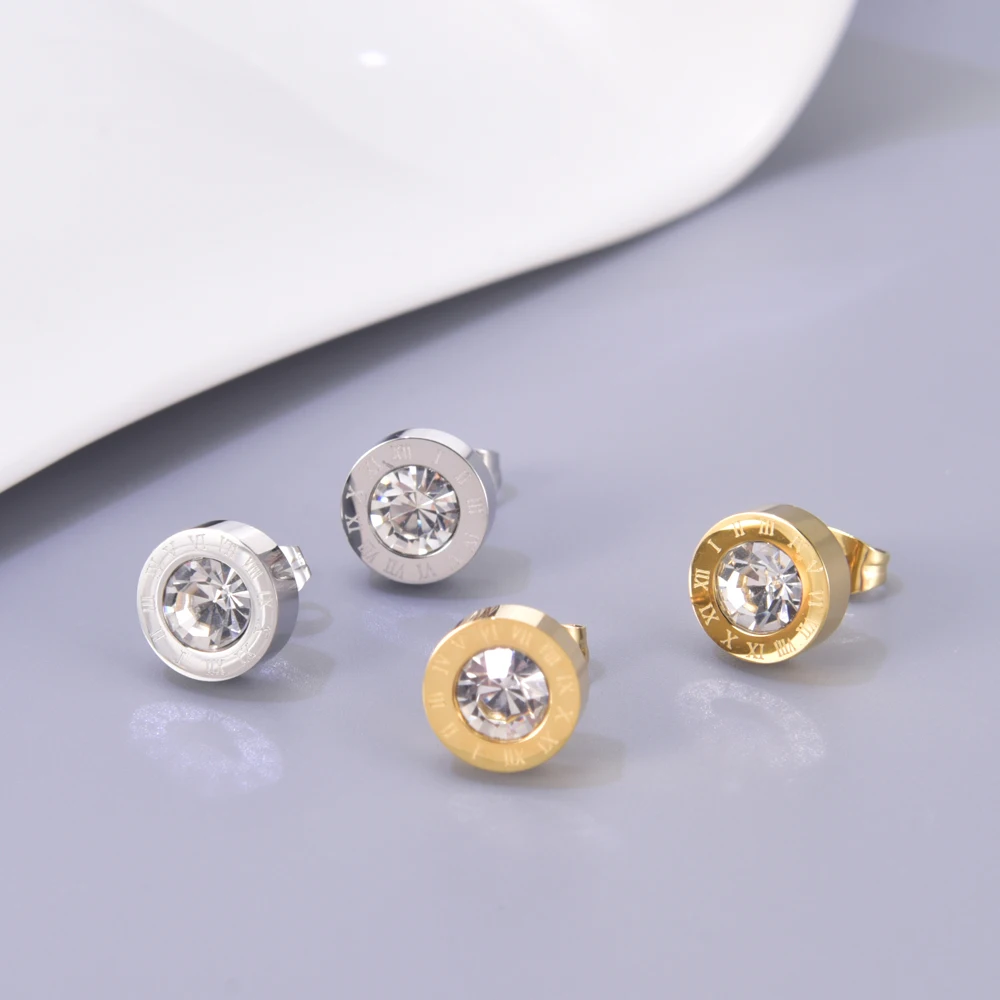 E62 brincos de zircão de aço titânio com numeral romano, brincos femininos definidos com diamantes