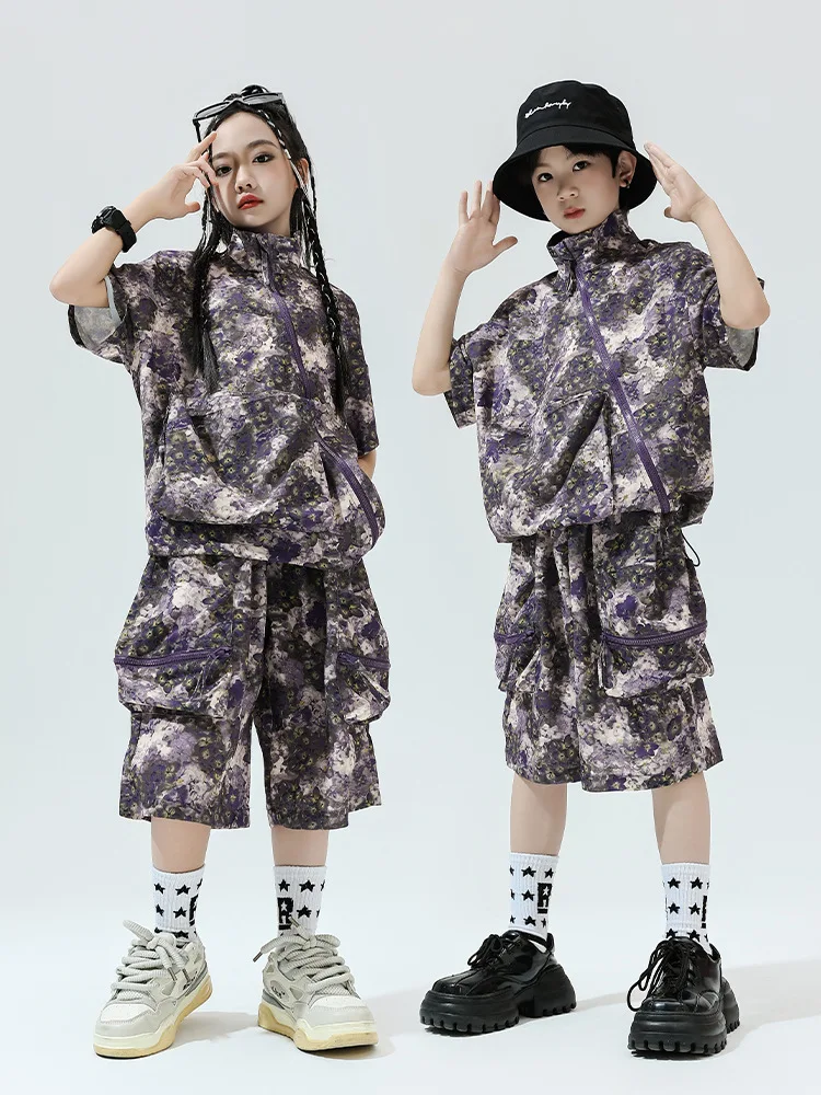 Kid Cool Hip Hop Clothing Floral Print Zip up High Neck Shirt Casual Cargo Shorts for Girl Boy Jazz Dance Costumes Clothes Set