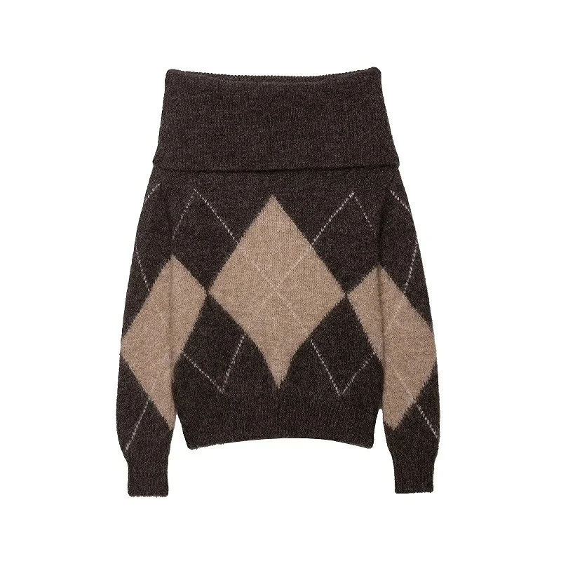 MUJER Argyle لاعبا بلوزات نسائية بدون أكتاف مقصوصة للنساء بلوفرات عتيقة للخريف ملابس تريكو سترة نسائية قمصان