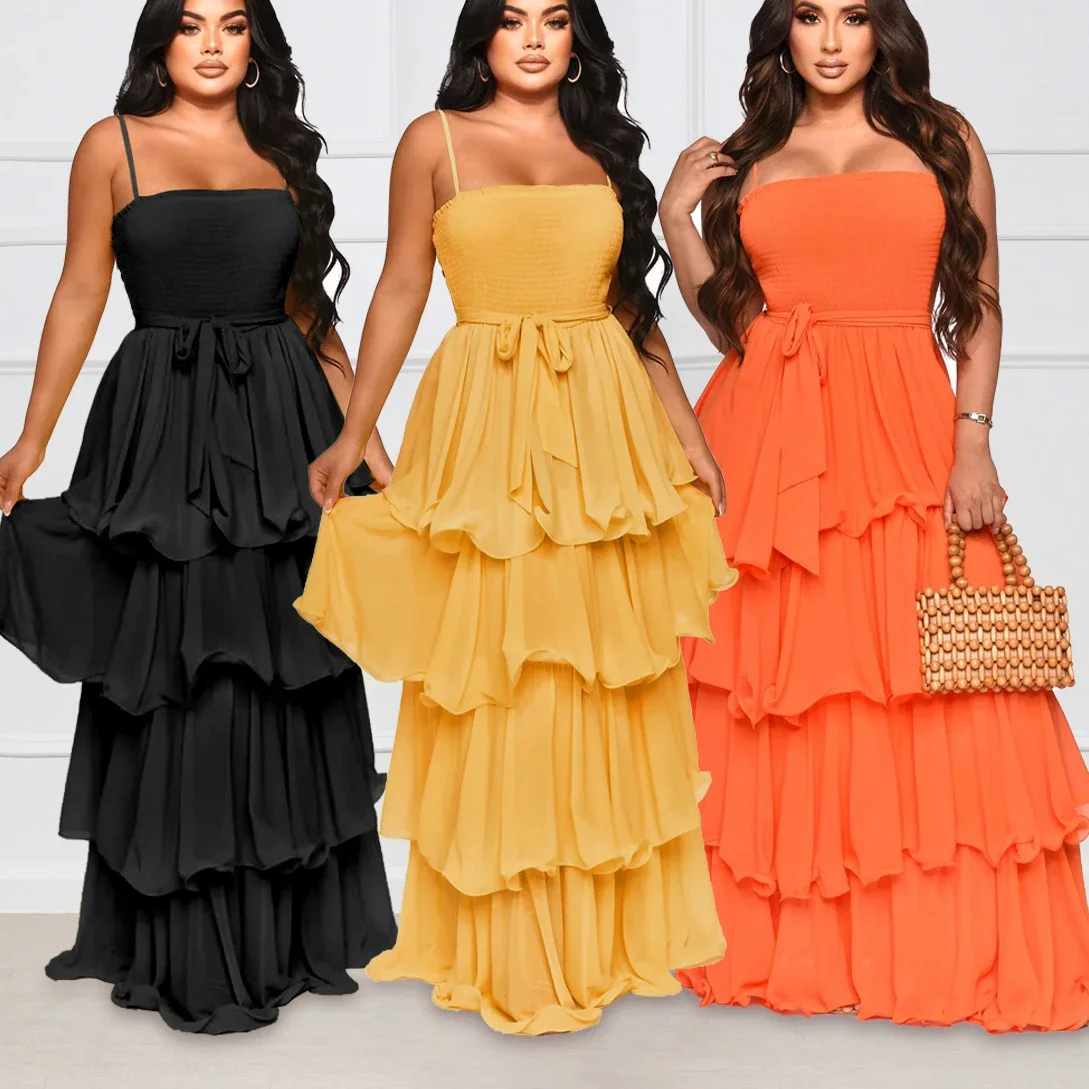 Women Sling Dress Sleeveless Party Long Cake Dresses Night High Waist Lace Up Casual High Waist Splice Elegant Vestidos Summer