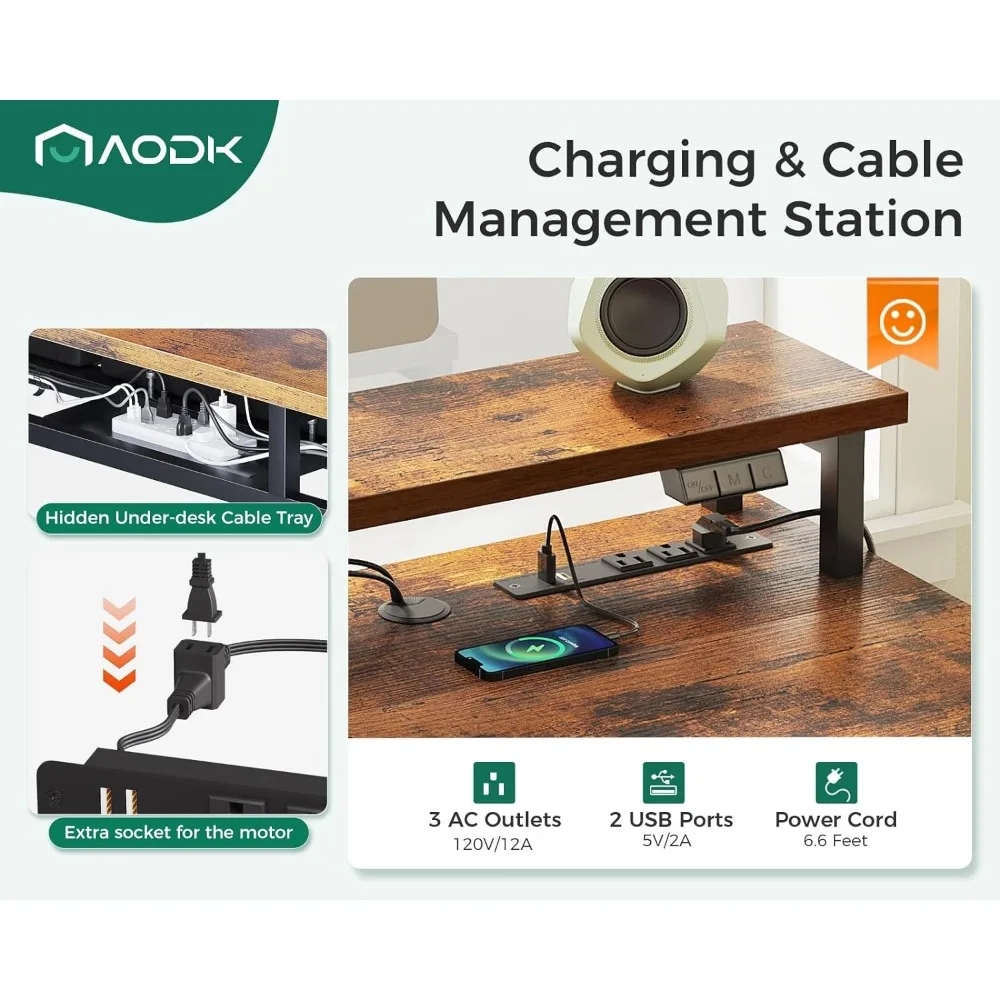55 Inch Electric Standing Desk with 3 Drawers, Brown, Height Adjustable Desk with Power Outlets & LED Lights, Stand Up Desk