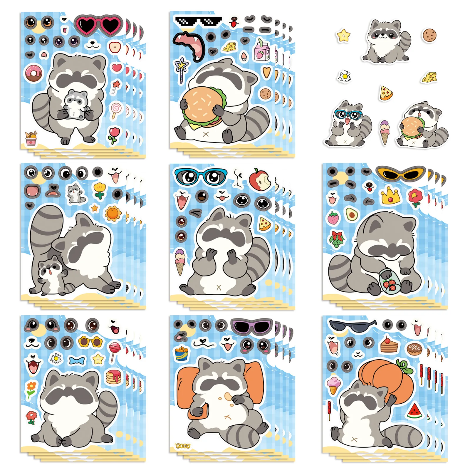 8 Sheets Cute Raccoon Make a Face Stickers DIY Craft Party Favor Scrapbook Laptop Decal Water Bottle
