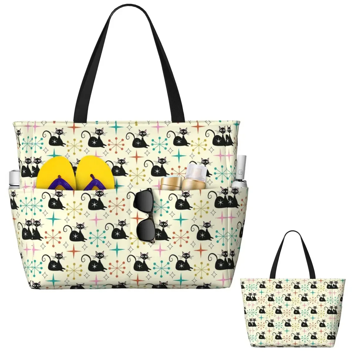 

Mid Century Black Atomic Cat With Starbursts Beach Tote Bag Sport Gym Yoga Duffle Large Tote Bag Women Travel Bag Fitness bag