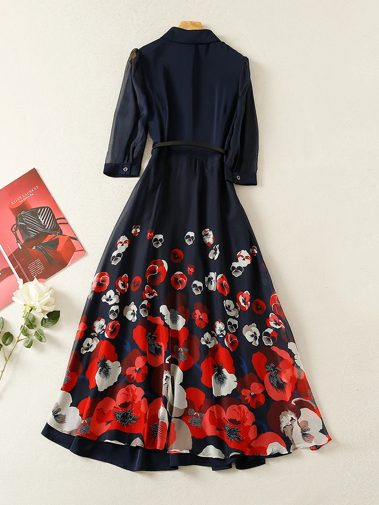 Delocah Hohe Qualität Sommer Frauen Fashion Runway A-Line Kleid Laterne Hülse Schärpen Elegante Floral Print Midi Kleider Vestidos