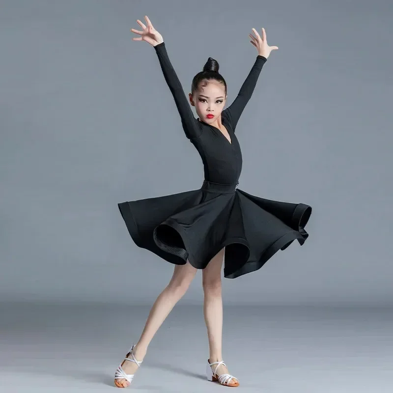 

New Children's Latin Dance Girls' Dance Practice Dress Latin Dance Dress Long Sleeve Competition Split Dress Women's Perfo