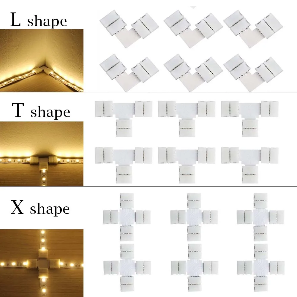 DC 12V LED Corner Connector 8mm 10mm 4Pin RGB Led Strip Light Connectors L T X Sahpe 90 Degree Angle LED Solderless Accessories