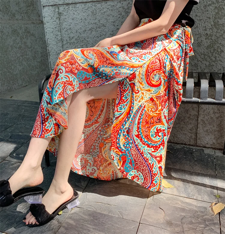 

Юбка-сари с высокой талией, асимметричным принтом и поясом, пляжная летняя длинная юбка миди из шифона для женщин, прямого кроя, H-образный силуэт