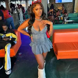 Sexy Strapless Blue Denim Women Mini Dresses Female Low Cut Vest Backless Pleated A-line Short Sundress 2024 Summer Y2K Clothes