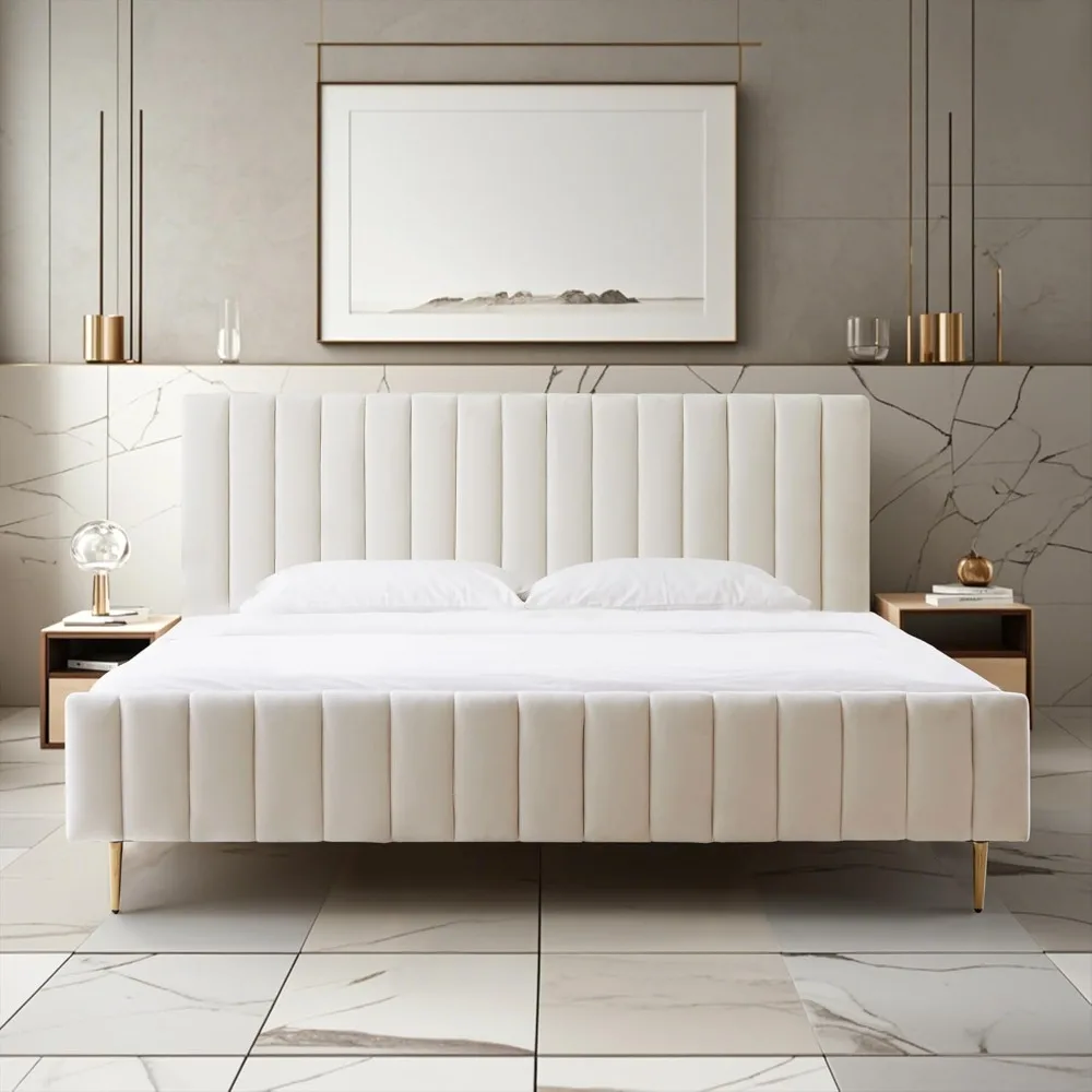 

King Size Elton Velvet Platform Bed, Upholstered Bed Frame with Vertical Channel Tufted Headboard Footboard, Customized