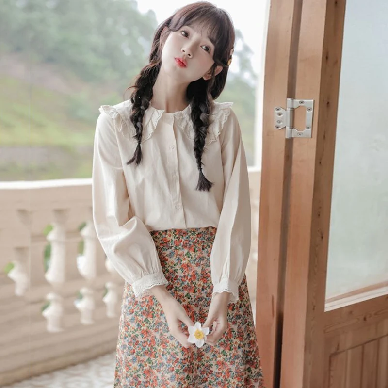 

2026 Autumn Long Sleeve Peter Pan Collar Shirt for Women Korean Cute Lace Patchwork Slim Fit Shirt Fashion Trend Beautiful Tops
