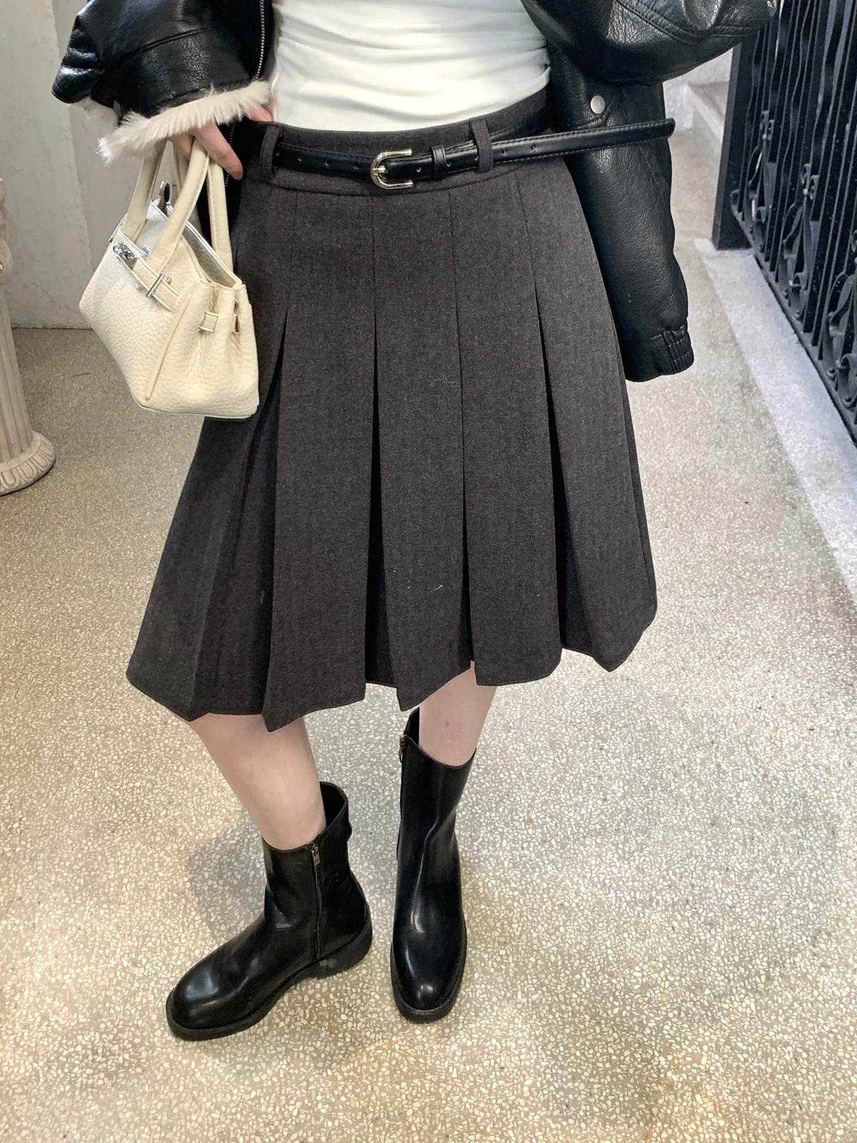 

Шерстяная юбка А-силуэта с высокой талией для женщин, стройнящая фигуру, зимняя, для повседневной носки, универсальная, складная юбка от MX BOOM