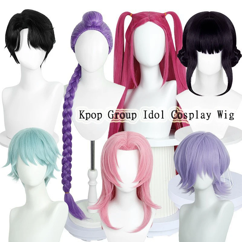 Film Kpop Gruppe Idol Cosplay Perücke Dämon Lila Schwarz Rot Für Männer Frauen Hitzebeständige Synthetische Haar Halloween Requisiten Party Perücken