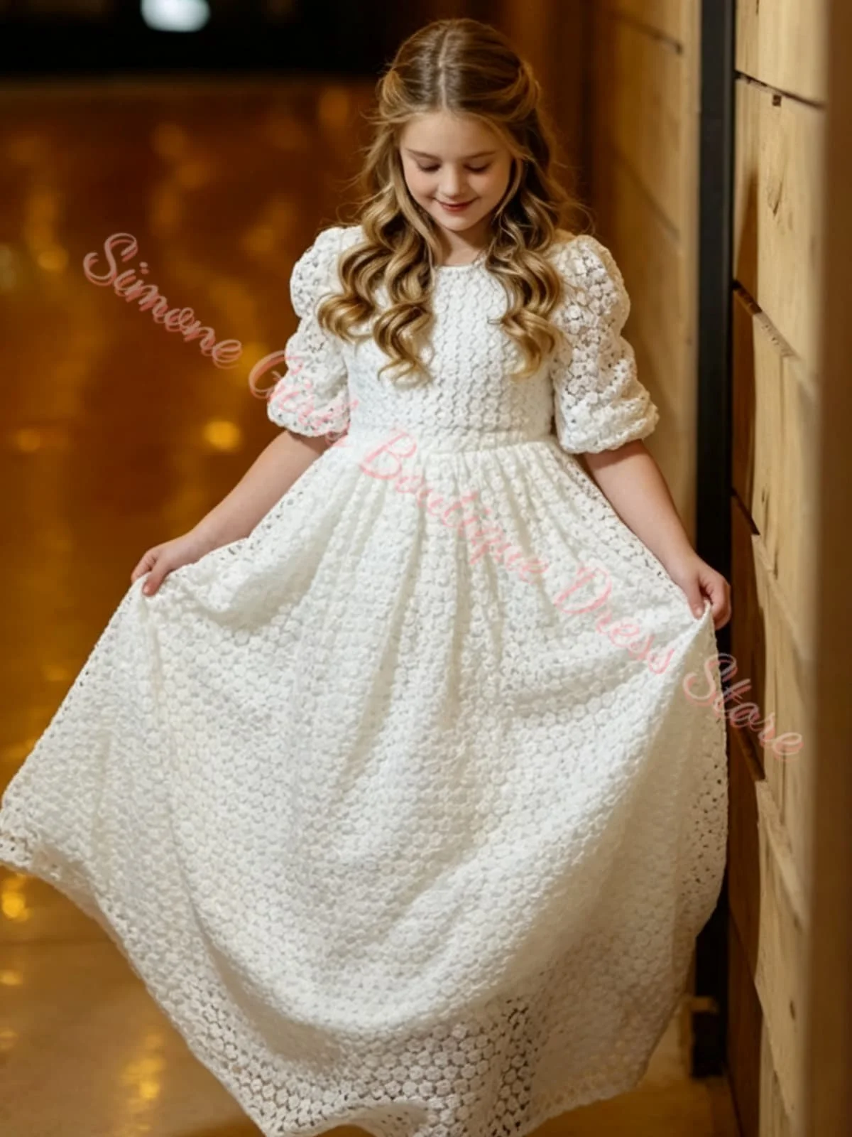 Girl Gown Eyelet Lace Flower Girl Dress for Wedding Toddlers White First Communion Dress Custom Balloon Sleeve Birthday Party