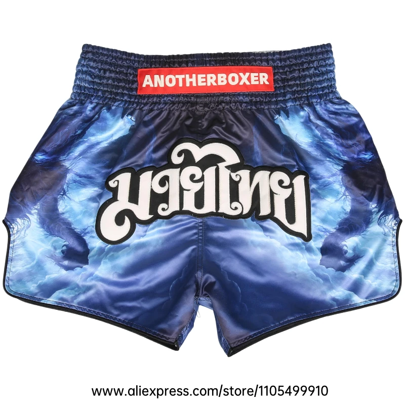 Muay Thai Boxing Shorts Blue Satin Thai Boxing Trunks Elastic Waist Kickboxing Shorts for MMA Martial Arts Sparring Competition
