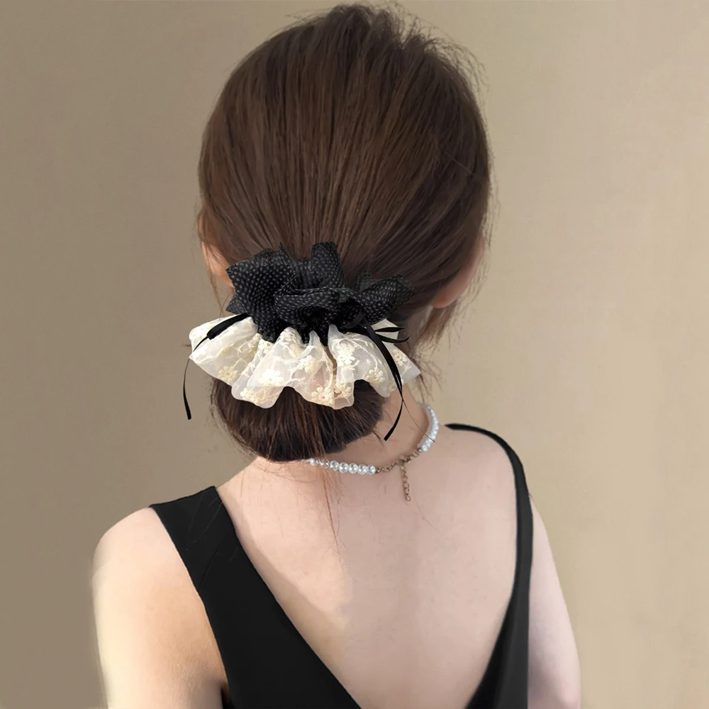 1pc Double Layer Grid Floral Lace Big Scrunchies Ribbon Bow Organza Hair Ties Sweet Retro Hair Accessories for Teen Girls Women