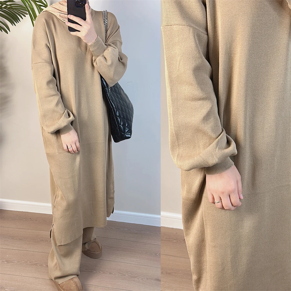 Mulheres muçulmanas roupas de malha engrossar inverno camisola vestido calças perna larga dubai turquia abaya médio oriente kaftan robe 2 peças conjunto