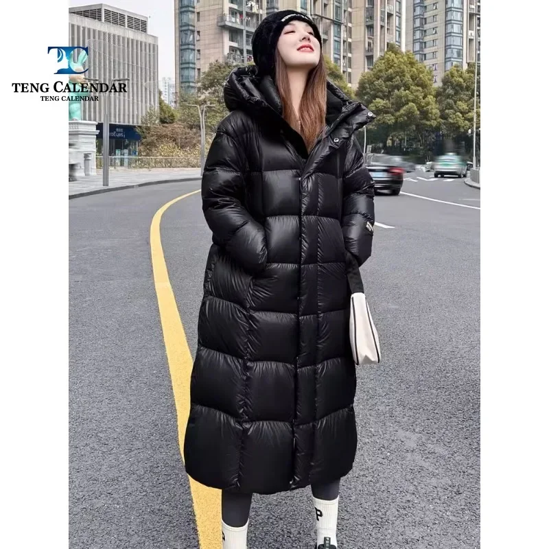 Chaqueta de plumón de ganso blanco 90% para mujer, abrigo largo de siete rejillas, extremadamente grueso, negro y dorado, 2024