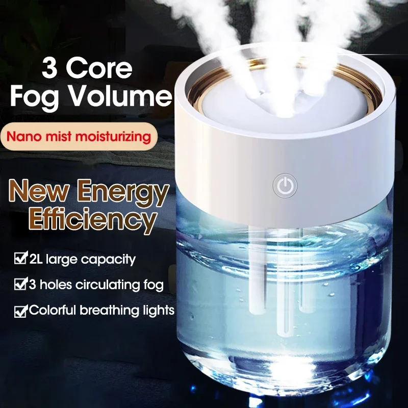 2L Air Humidifier For Home USB Large Capacity 3 Nozzle Heavy Fog Air Purifier With LED Lamp Ultrasonic