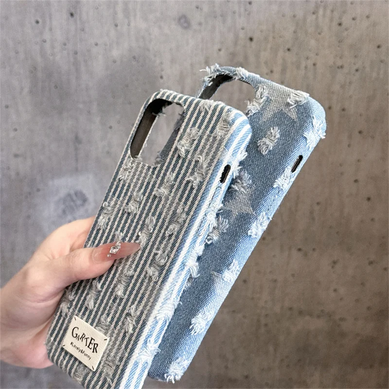 Korean Denim Embroidered Stars Phone Case For iPhone 16 Pro 14 13