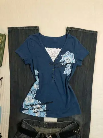 Women American Vintage Flower Print T-shirt Summer Grunge Retro Slim Fit Tees Y2K Harajuku Grunge Short Sleeve Hottie Tops New