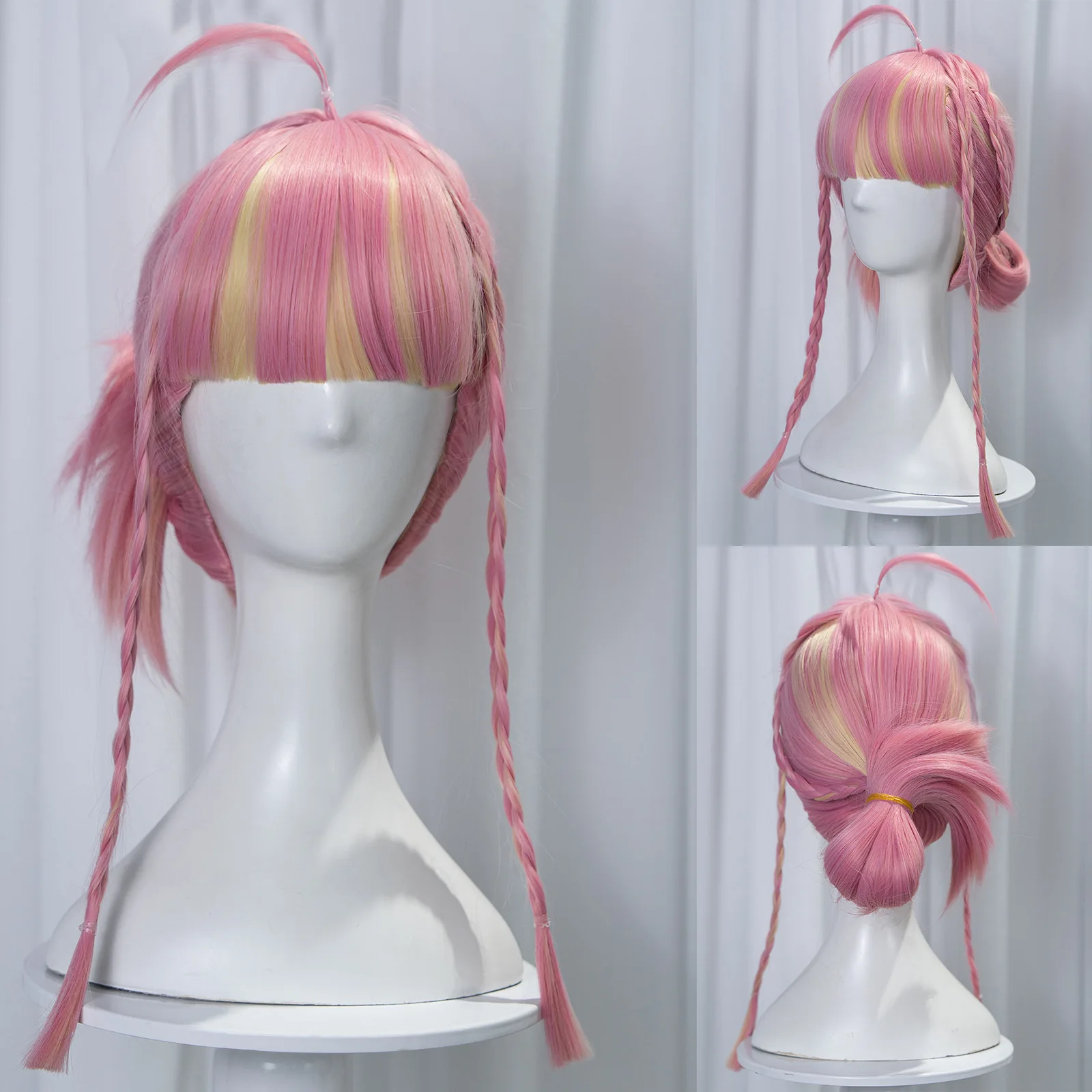 Parrucca cosplay Mercy Angela Ziegler Capelli sintetici Rosa Giallo con riflessi Parrucca da donna Parrucche resistenti al calore anime