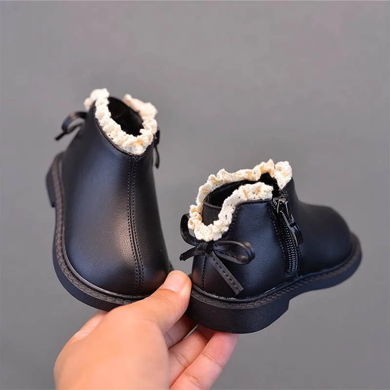 Baby Leather Boots with Sweet Lace Toddler Ankle Boots Back Zipper Soft Sole 2026 New Fashion Girls Short Boots Soft Non-slip