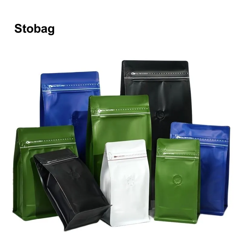 StoBag 50pcs Coffee Beans Powder Packaging Bags with Valve Aluminum Foil Sealed Food Tea Storage Reusable Pouches Wholesale