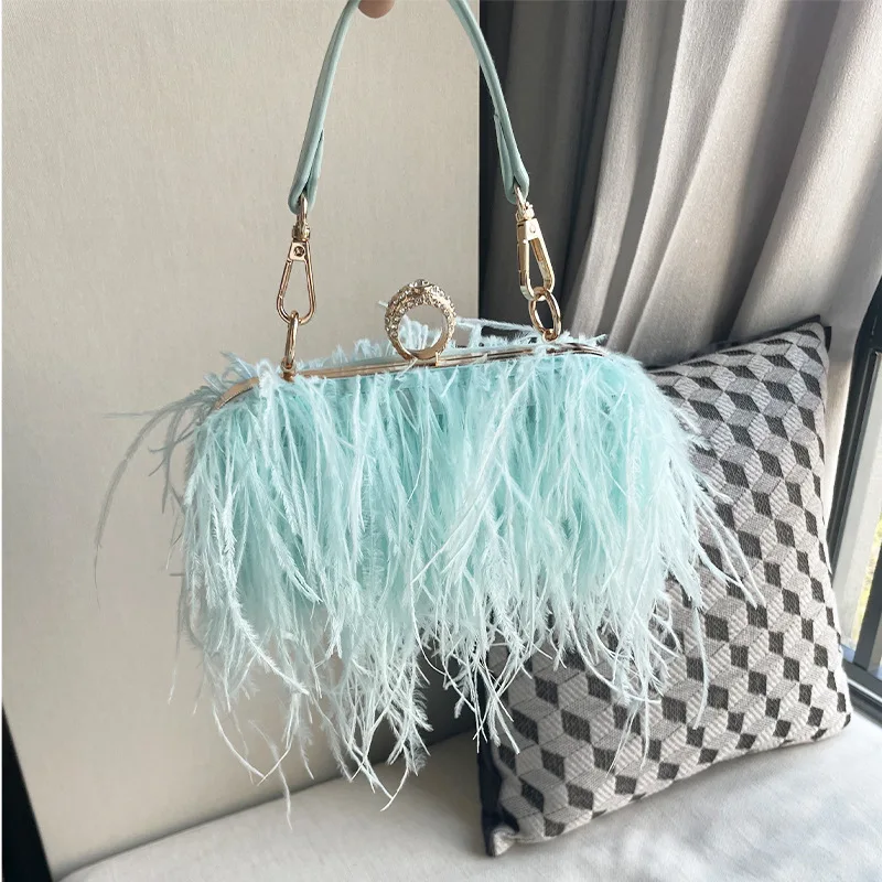 Women New Trendy Ostrich Feather Handbag, 2026 Fashion Party Evening Clutch Bag, Designer Wedding Purse Chain Shoulder Bag