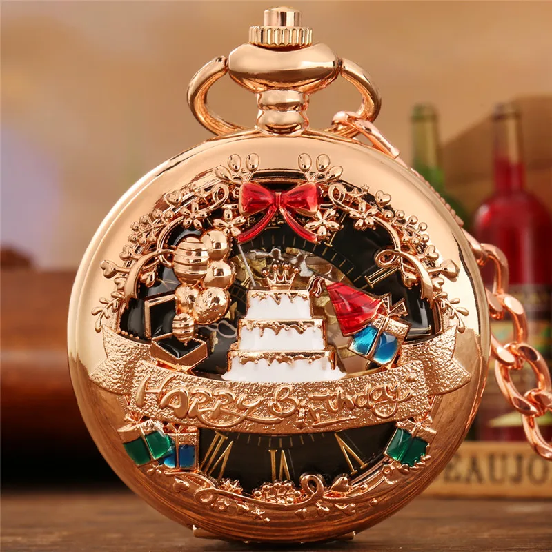 Creative Pocket Watch Hollow Out Happy Birthday Cake Design Unisex Hand Winding Mechanical Clock Timepiece with FOB Chain