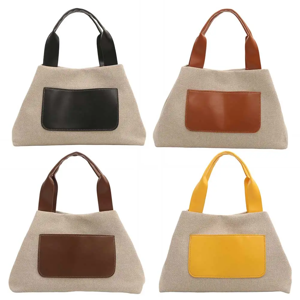 

Women Simple Tote Handbag Contrast Color Cotton Linen Casual Shoulder Bag Patchwork Fashion Armpit Bag Female Dating Bag