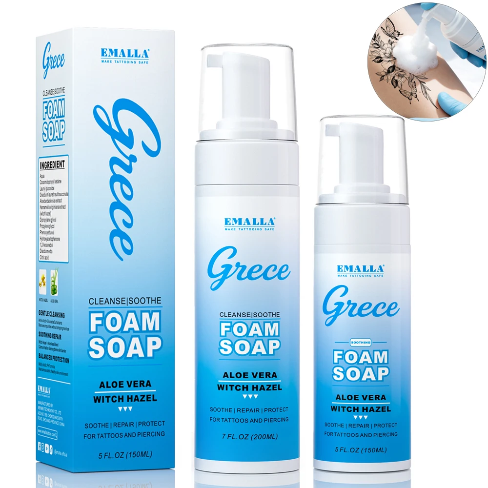 

Пенка для тату EMALLA GRECE 200мл/150мл, без запаха, для очищения татуировок и пирсинга, успокаивающая пенка-мыло для ухода после тату.