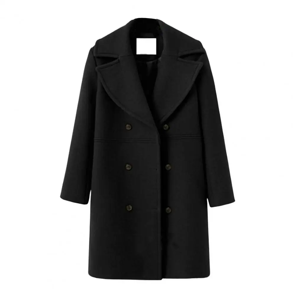 Winter Women Woolen Coat Solid Color Turn-down Collar Double-breasted Long Coat Loose Thermal Commuting Overcoat For Daily Wear