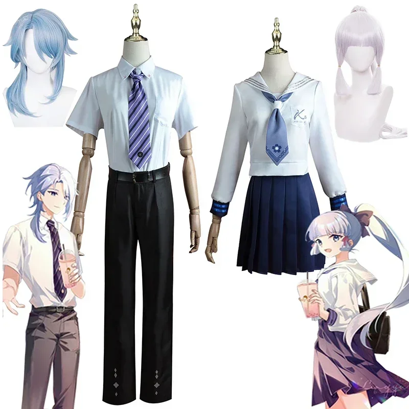 Genshin Impact Cosplay Costume Kamisato Ayaka Kamisato Ayato Wig Jk School Uniform Linkage Couple Costumes Shirt Short Skirt Set