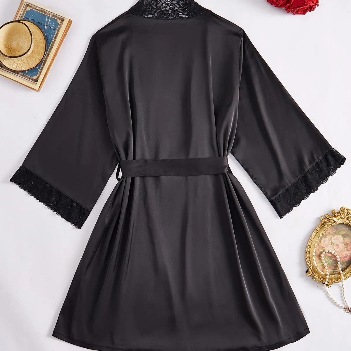 Black Satin Kimono Robe Lace Trim Sleeve Loose Nightgown Belted Bathrobe Sleepwear Exotic Loungewear For Women