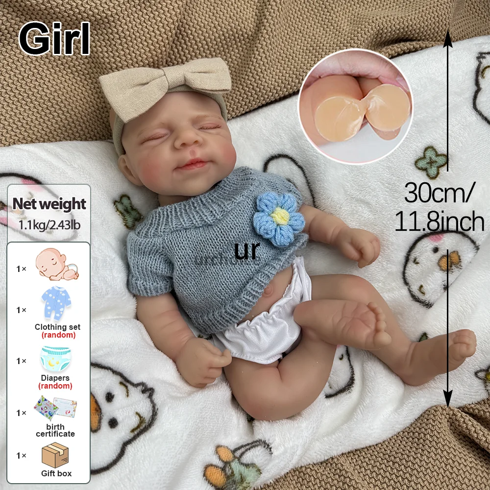 12-calowa przenośna lalka Reborn z pełnego silikonu, ręcznie robiona, blond włosy, zmywalna zabawka dla niemowląt, śpiąca dziewczynka na prezenty urodzinowe
