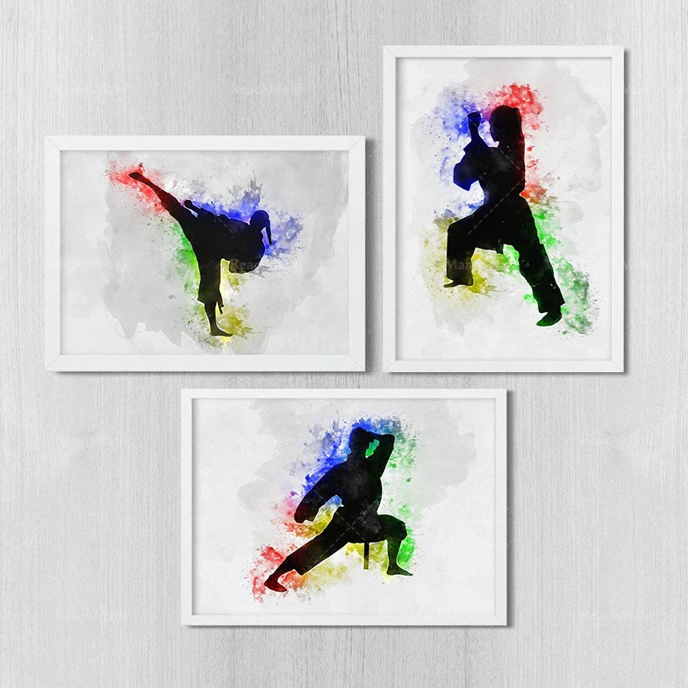 Martial arts karate, girl karate triple art poster, ink samurai, ninja prints, oriental wall art, watercolor wall art deco
