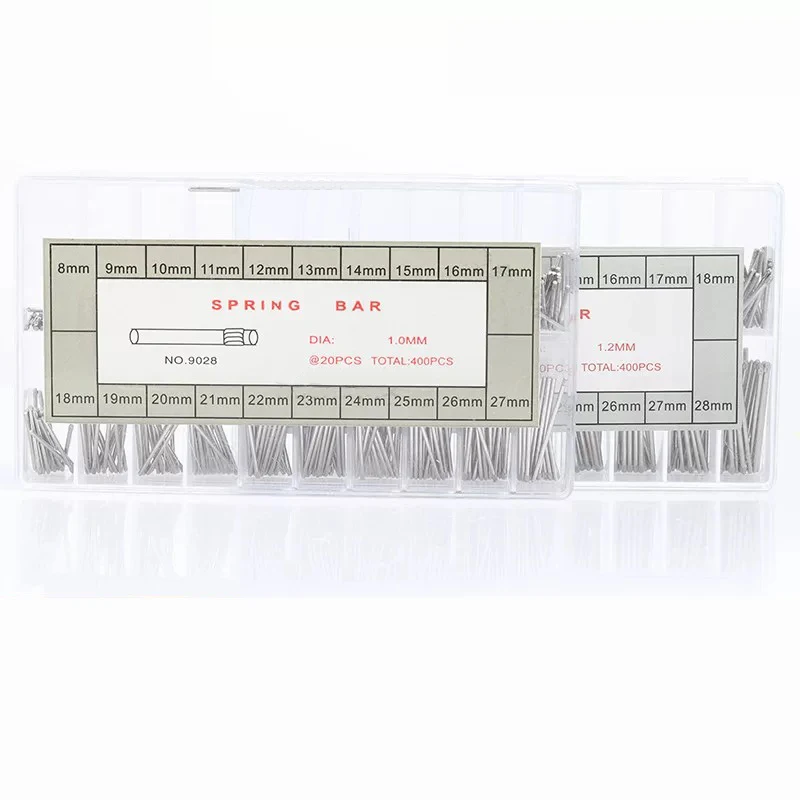 

400pcs/box 1.0/1.2 Stainless Steel Watch band Solid Pin kit box 8mm-27mm Assort Watch Bracelet knurled pins Set for Watchmakers