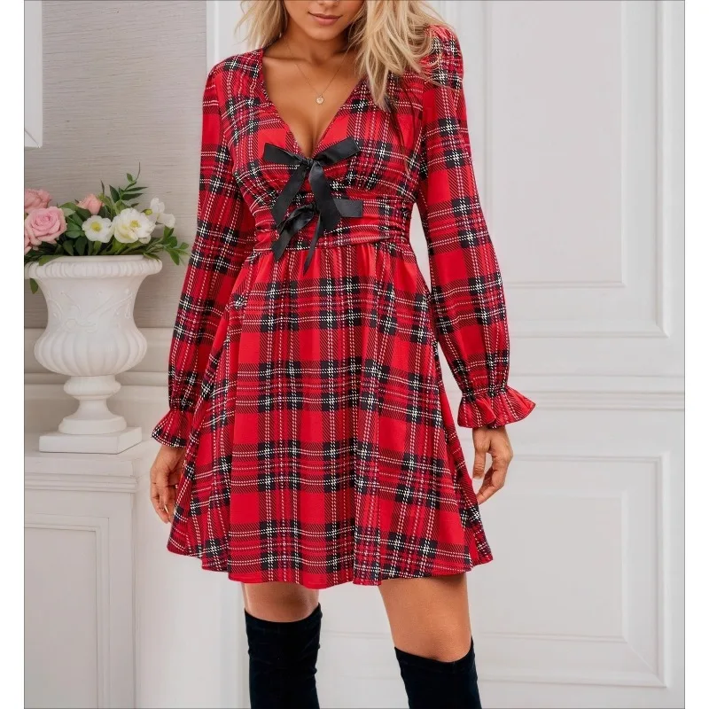 

2025 Christmas New Year Bow Deep V-Neck Lantern Sleeve A-Line Skirt Waist Check Dress