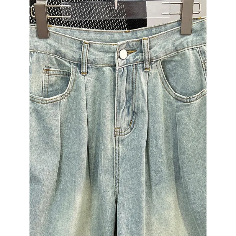 Washed Blue Wide Leg Jeans Women's Summer Wrinkled High Waist Loose Look Slimming Floor Pants Trendy