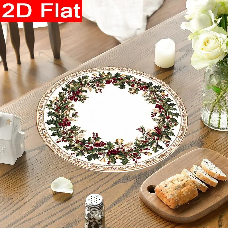 VIKAMA Christmas Placemat Holly Bells Gold Edge Linen Table Mat for Dining Kitchen Table Setting Decor
