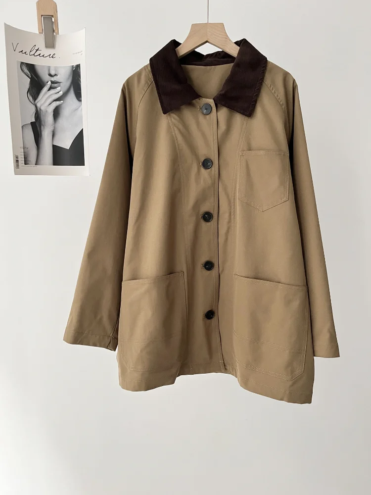 Color Block Plaid Patchwork Jacket Pocket Button Front Trench Coat in Tan Cotton Autumn/Winter Casual Woman Clothing