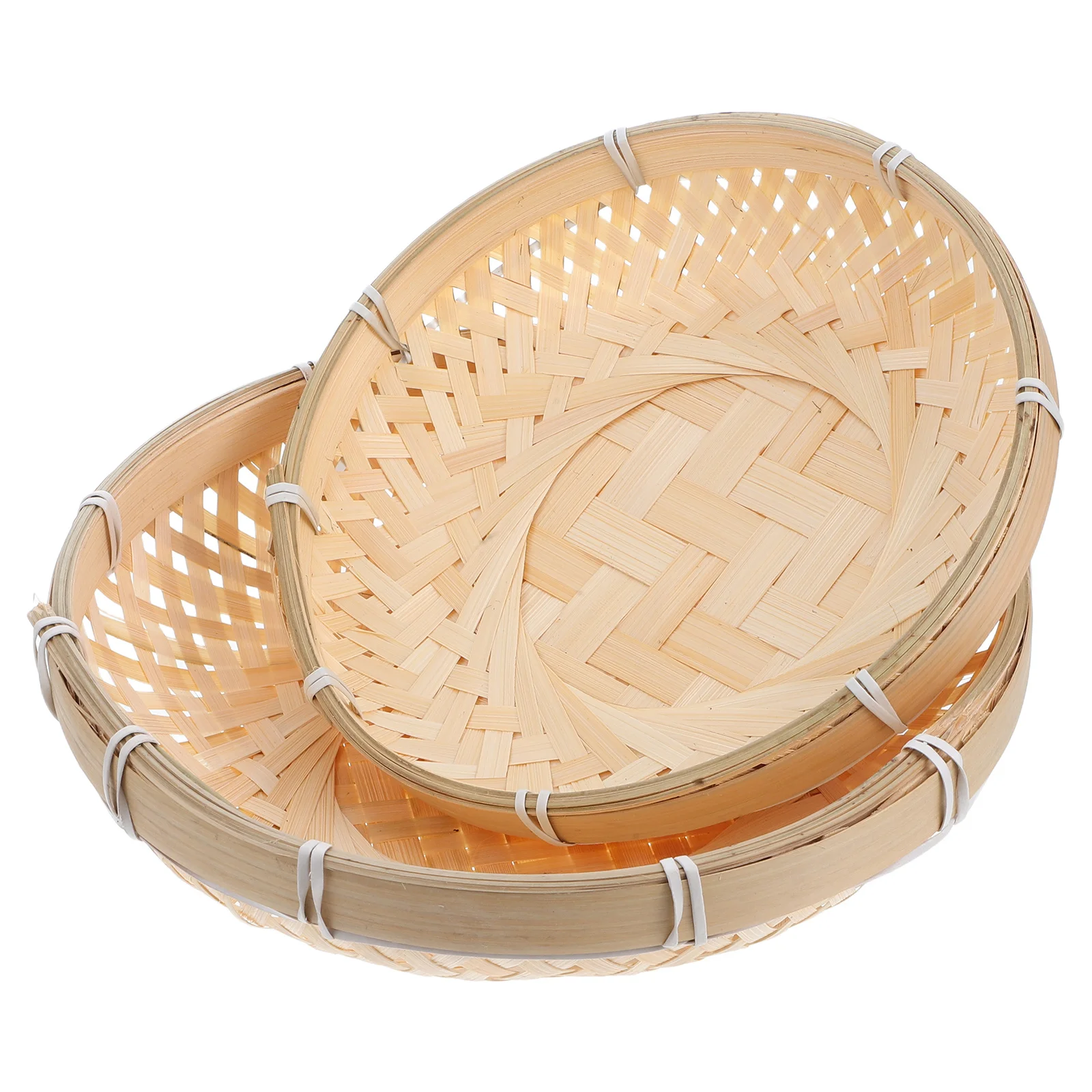 

2Pcs Bamboo Woven Storage Basket Handcrafted Flat Round Fruit Vegetable Basket Shallow Tray Stackable Home Kitchen Organizer