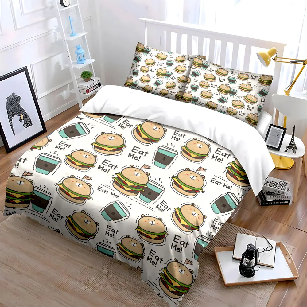 Cute Bear Burgers Coffee Pattern Bedding Set for Kids Luxury Gift 3pcs Digital Print Comforter Set Soft Comfortable Breathable
