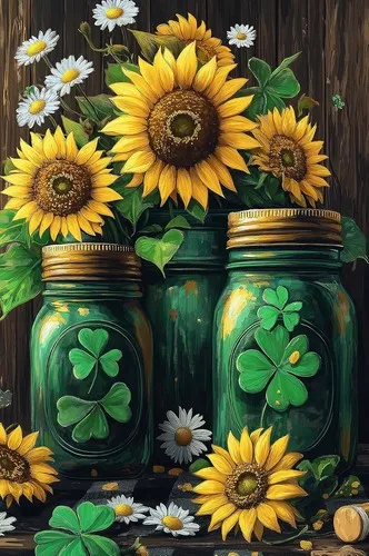 St. Patrick's Day Daisy Sunflower Mason Jar Shamrock Clover Floral, 12